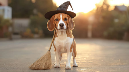 Adorable Beagle Dog Wearing Witch Hat and Holding Broomstick at Sunset in Outdoor Setting, Perfect for Halloween or Pet-themed Celebrationsの素材