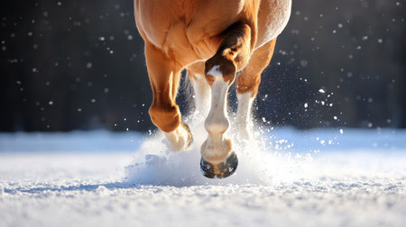 Close-up of a Horse Running Through Snowy Landscape with Splashes of Snow and Warm Light Highlights on Hooves and Legs in Winter Seasonの素材