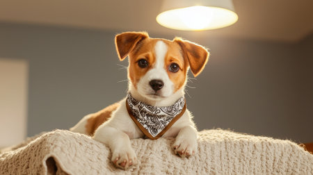 Adorable puppy wearing a stylish bandana resting on a cozy blanket in a well-lit indoor setting, showcasing its playful and friendly demeanorの素材