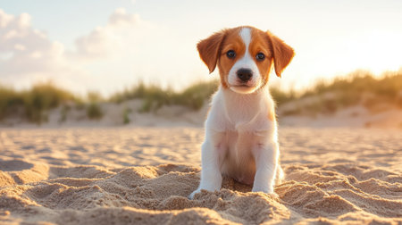 Adorable puppy sitting on sandy beach at sunset with golden light softening the scene and creating a warm atmosphere for pet lovers and animal enthusiastsの素材