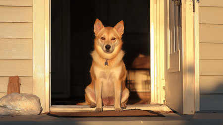 A Golden Dog Sitting at the Doorway with Warm Sunlight Highlighting Its Features in an Inviting Home Settingの素材