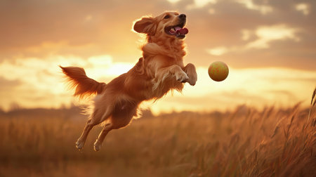 Energetic Golden Retriever Dog Jumping in a Field at Sunset with a Yellow Ball in Mouth, Capturing Joyful Moments and Playful Spirit of Petsの素材
