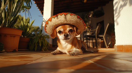 Cute Chihuahua Wearing Traditional Sombrero Enjoying a Relaxing Day in a Sunlit Outdoor Setting Surrounded by Green Plants and Warm Tonesの素材