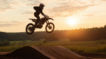 Silhouette of a Motocross Rider Performing a Jump at Sunset in an Open Field with Dramatic Skies and Beautiful Nature Landscapeの素材