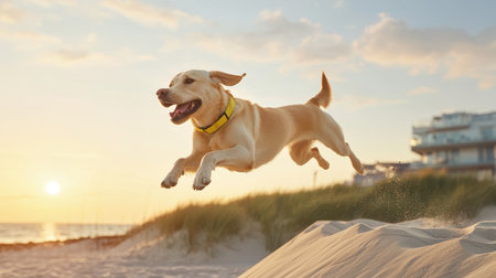 Happy Yellow Labrador Dog Jumping Playfully on Sandy Beach at Sunset with Ocean Waves in Background and Green Grass Surrounding the Sceneの素材
