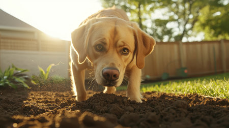 Curious Labrador Dog Digging in Garden Soil Under Sunlight During Golden Hourの素材