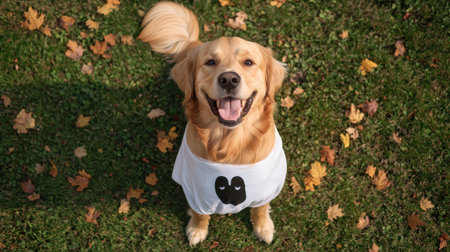 Happy Golden Retriever Dog in Cute Ghost Shirt Surrounded by Colorful Autumn Leaves on a Sunny Day in a Park Settingの素材