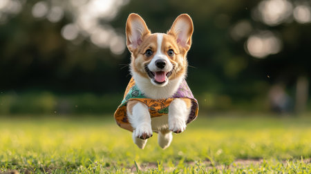 Happy Corgi Dog Jumping Outdoors in a Vibrant Sweater, Capturing the Joy of Playtime in a Sunny Park Setting with Natural Backgroundの素材
