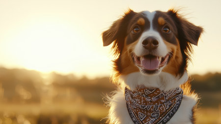 Happy dog with a bandana enjoying a sunset in a serene outdoor landscape with golden light illuminating the fur and a joyful expression on the faceの素材