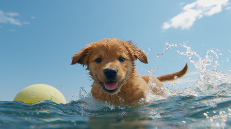 Happy Golden Retriever Puppy Splashing in Water with Ball Under Bright Blue Sky and Soft White Clouds, Capturing Joy and Playfulness in Natureの素材