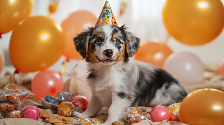 Cute puppy in a festive birthday setting with balloons, treats, and party decorations surrounded by joy and celebration atmosphereの素材