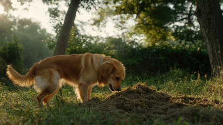 Playful golden retriever dog sniffing around a freshly dug mound of soil in a serene forest setting during golden hour sunlightの素材