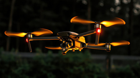Aerial View of Drone with Lights in Motion Above Green Forest Landscape at Dusk or Dawn Capturing Stunning Flying Technology Innovationの素材