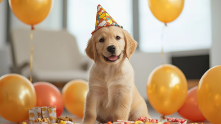 Adorable puppy in colorful party hat surrounded by festive balloons and treats, celebrating a joyful birthday moment in a bright indoor settingの素材
