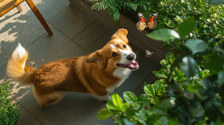Happy Corgi Dog Playing in Garden with Colorful Butterflies and Lush Greenery on a Sunny Dayの素材