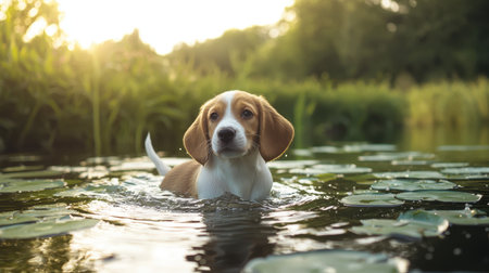 Cute Beagle Puppy Swimming in a Serene Pond Surrounded by Lush Greenery and Water Lilies Under the Warm Glow of Sunset Lightの素材