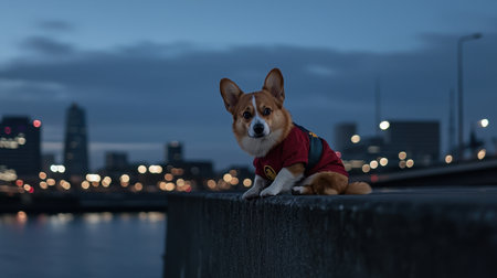Corgi in Superhero Costume Poses on Waterfront at Dusk with City Lights and Calm Water Reflections Enhancing the Playful Atmosphere of Urban Adventureの素材