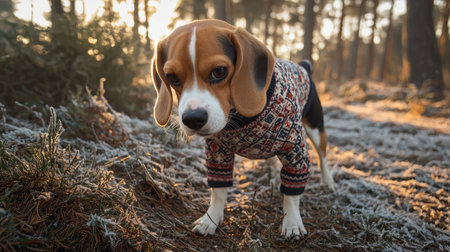 Adorable beagle dog dressed in a knitted sweater standing in a frost-covered forest during golden hour, surrounded by trees and nature's beautyの素材