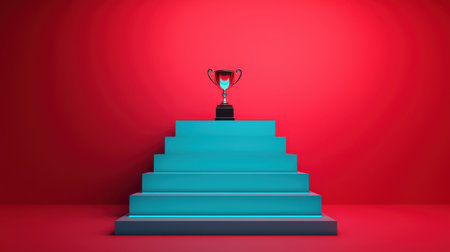 Trophy on a Colorful Pedestal Symbolizing Achievement and Success in a Minimalist Setting with Red Background and Modern Design Elementsの素材