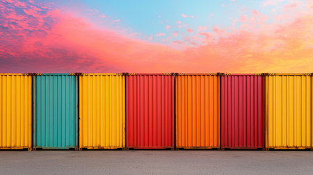 Vibrant Shipping Containers Against Colorful Sunset Sky with Soft Clouds and Warm Hues Reflecting on Rustic Urban Landscape, Ideal for Creative Design Projectsの素材