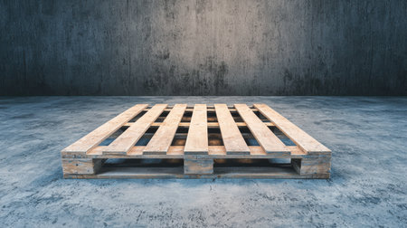 Empty wooden pallet on a textured gray background ideal for various uses in design, logistics, or construction projects with focused lightingの素材
