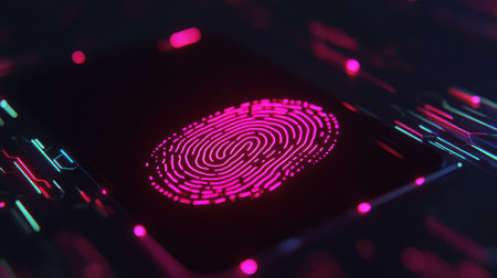 Digital fingerprint technology in futuristic cyber space environment, showcasing security, identity verification and data protection concepts vividlyの素材