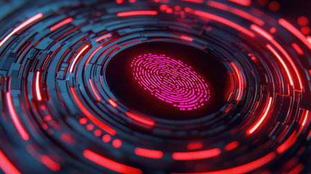 Abstract circular design featuring a vibrant fingerprint pattern surrounded by glowing red and blue lights on a futuristic dark backgroundの素材