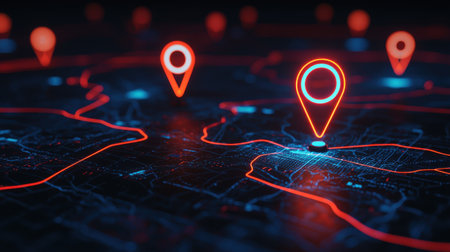 Digital Map with Neon Location Pins and Data Connections in a Futuristic Cityscape for Navigation and Technology Themesの素材