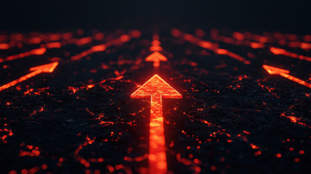 Glowing Red Arrows on Dark Background Symbolizing Direction, Movement, Progress and Innovation in Abstract Digital Conceptの素材