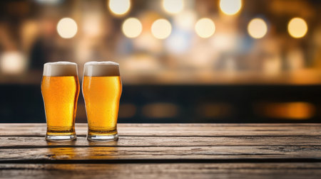 Two Tall Glasses of Golden Beer on a Rustic Wooden Table with Blurred Bar Background and Soft Warm Lights in a Cozy Atmosphereの素材