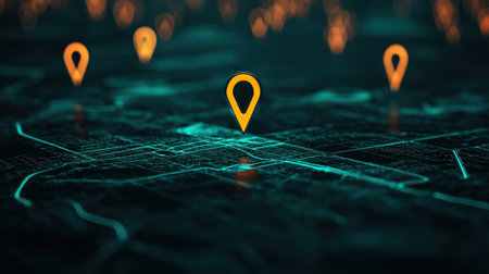 Digital map with location pins representing navigation, direction, and geographic data in an illuminated futuristic city landscapeの素材