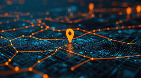 Abstract digital map with network connections and glowing orange location pin on a dark background showcasing technology and navigation conceptsの素材