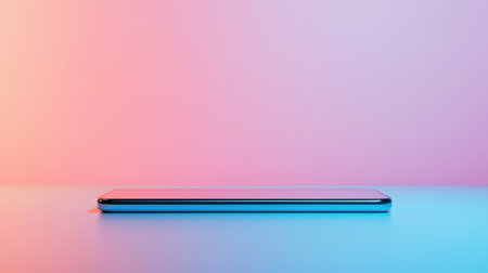 Modern smartphone on table with colorful gradient background in soft pink and blue hues, showcasing sleek design and minimalist aestheticの素材