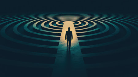Mysterious Silhouette of a Figure Standing at the Center of a Large Labyrinth with Keyhole Shape in a Dark and Atmospheric Settingの素材