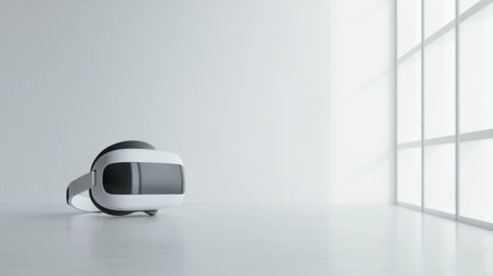 Modern virtual reality headset placed on a minimalistic white floor in a bright room with large windows showcasing cutting-edge technology and tranquilityの素材