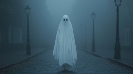Mysterious Ghostly Figure in Foggy Urban Street at Night, Eerie Atmosphere with Street Lamps and Mystical Ambianceの素材