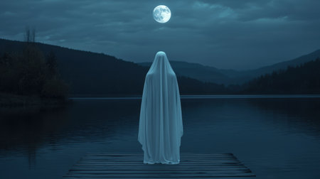 Mysterious Figure in White Cloak Standing on Dock by Calm Lake Under Bright Full Moon in Twilight Landscapeの素材