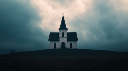 Isolated White Church on a Hill Under Dark Cloudy Sky with Foreboding Atmosphere and Dramatic Lightingの素材