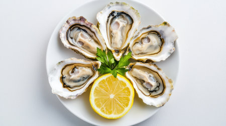 Freshly Shucked Oysters on a Plate Garnished with Lemon Slice and Parsley, Perfect for Seafood Lovers and Culinary Delightsの素材