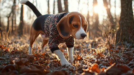 Beagle Dog Exploring Autumn Forest at Sunrise, Wearing Stylish Sweater Amidst Colorful Leaves and Frosty Ground in Nature's Beautiful Glowの素材