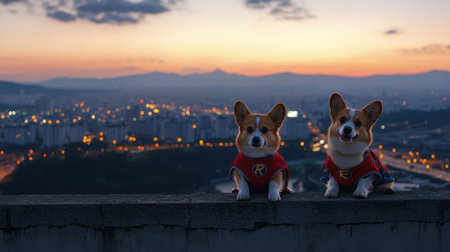Adorable Corgis Dressed in Superhero Costumes at Sunset Over a Cityscape, Playful Pets with Bright Expressions Against a Colorful Skyの素材