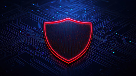 Digital Shield Icon on Circuit Board Background Representing Cybersecurity and Online Protection in a High-Tech Environmentの素材