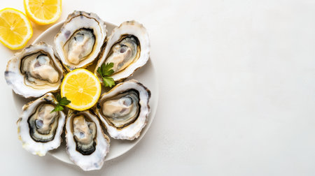 Freshly Shucked Oysters on White Plate Garnished with Parsley and Lemon Slices Ready to Serve for Seafood Lovers and Culinary Enthusiasts at Celebrationsの素材