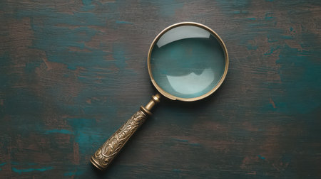 Antique Magnifying Glass on Wooden Background with Texture and Color Variation for Investigation and Analysis Themesの素材