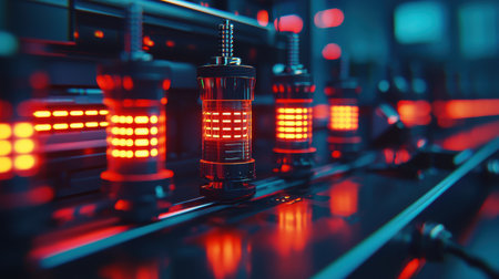 Futuristic LED Tubes Glowing in an Industrial Environment Reflecting Energetic Patterns with a High-Tech Aesthetic and Vibrant Color Huesの素材