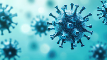 Microscopic View of Virus Particles in Blue Tones Under Scientific Observation, Highlighting Structure and Intricacies of Pathogen Life Cycleの素材