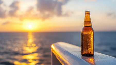 Sunset Reflections on a Bottle of Beer by the Ocean with Gentle Waves and Warm Colors Creating a Relaxing Atmosphere on a Vacation Getawayの素材