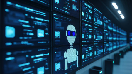 Futuristic Robot in a High-Tech Control Room Surrounded by Digital Displays and Data Interfaces, Showcasing Advanced Technology and Artificial Intelligence Innovationsの素材