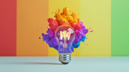 Vibrant Light Bulb Surrounded by Colorful Powder Explosion Against Bright Rainbow Background for Creative Inspiration and Imaginative Conceptsの素材