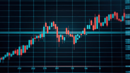 Abstract stock market chart with candlestick patterns showcasing upward trends and price fluctuations in a digital trading environmentの素材